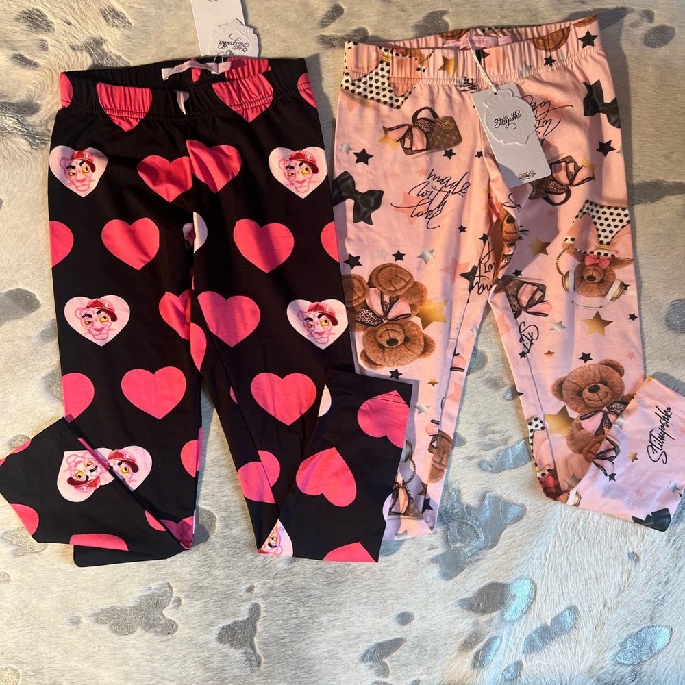 Cotton Kids 2 pair leggins - Pink and Black Heart & Bear Design